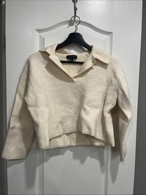 Patrick Assaraf Cream V-Neck Collared Cropped Sweater